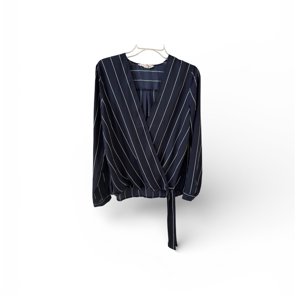 Kut from the Kloth Navy and White/Green Striped Blouse with tie bottom